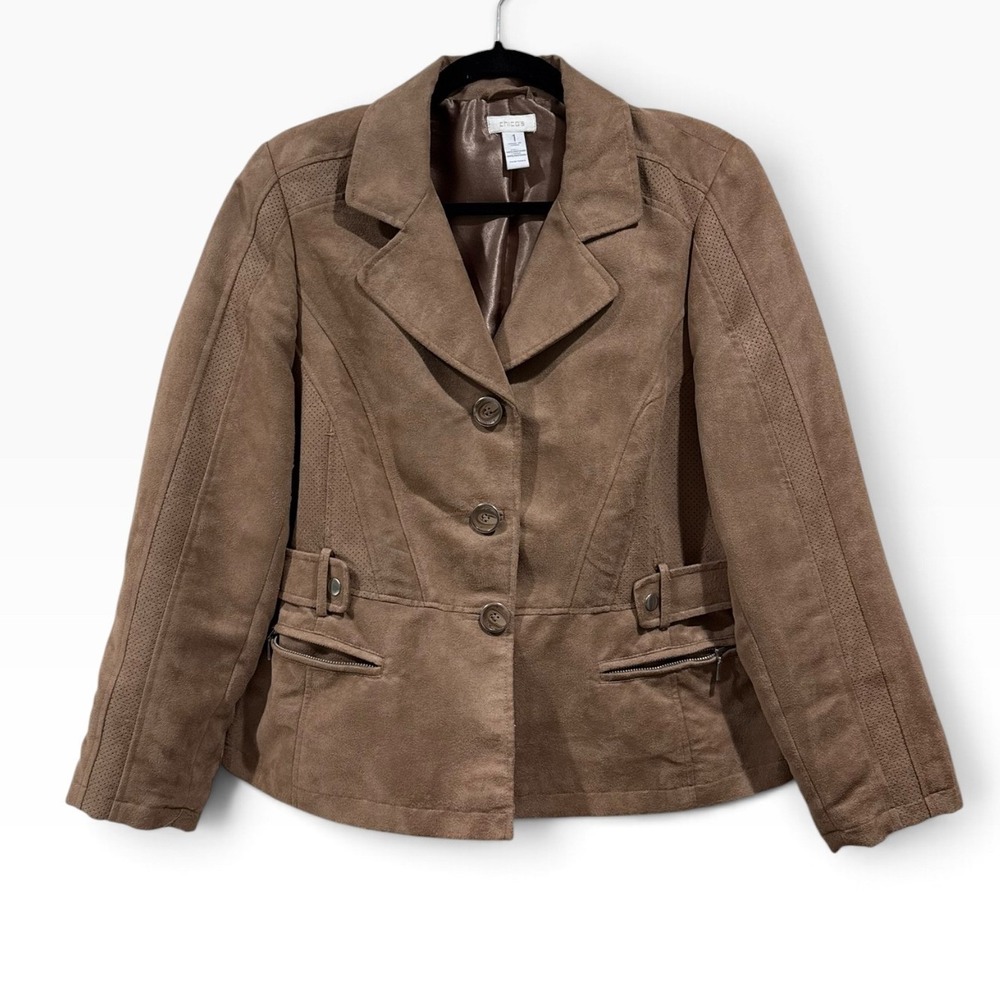 Chico's Womens Size 1 Brown Faux Suede Blazer Perforated Button Front Jacket